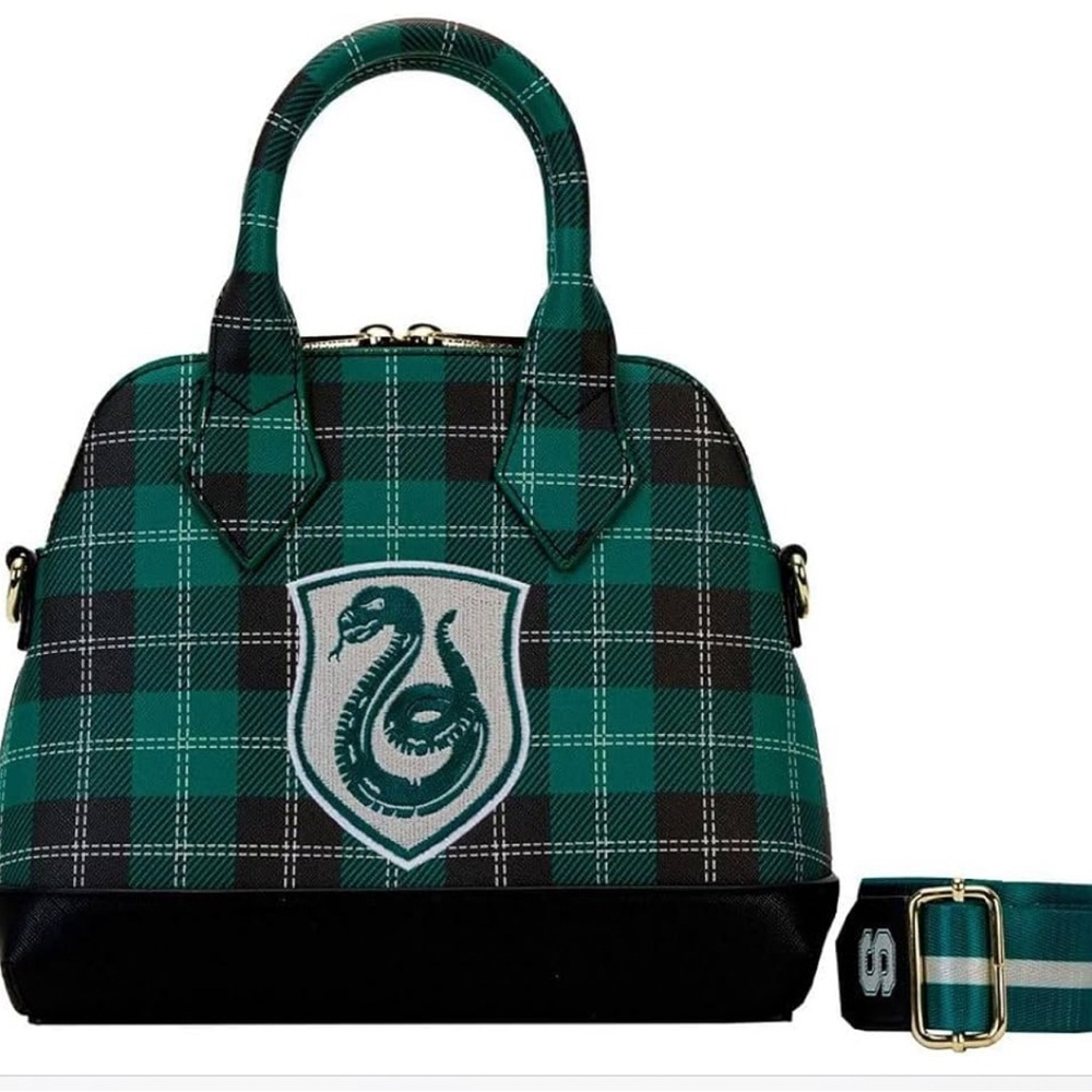 NWTS Loungefly Harry Potter Slytherin Patch Varsity Plaid Crossbody Bag, Multi - Picture 2 of 12